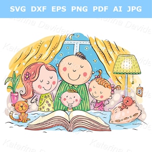Praying family clipart. Cute family with children praying together before bedtime, Christianity and Religion. Cartoon vector illustration