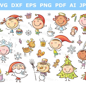 Ensemble de cliparts de Noël. Enfants de dessin animé dans des cliparts de chapeaux de Père Noël. Élément de design de Noël, clipart de bonne année. Illustration vectorielle dessinés à la main