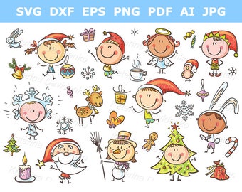 Conjunto de Clipart Infantil de Natal. Desenho animado de crianças para as festas de fim de ano. Ilustração de personagens natalinos. Clipart de Papai Noel, Elfo e Boneco de Neve. Uso comercial.