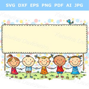 Niños felices al aire libre, en fila, sosteniendo una gran pancarta (SVG). Niños de dibujos animados tomados de la mano (Clipart). Niños con pancartas.