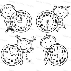 May include: Four black and white illustrations of children holding clocks. Each clock shows a different time. The children are smiling and appear to be happy.