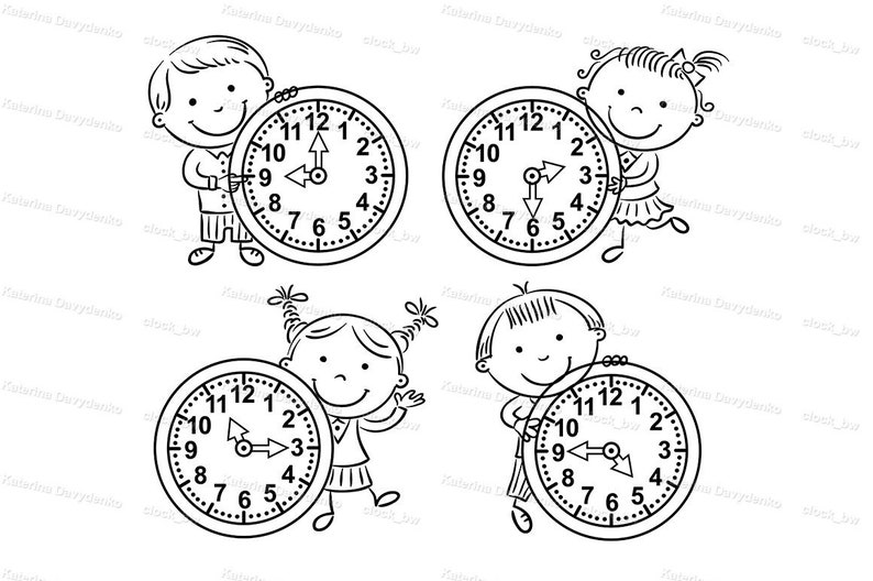May include: Four black and white illustrations of children holding clocks. Each clock shows a different time. The children are smiling and appear to be happy.