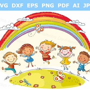 Happy children jumping with joy - cartoon kids with rainbow clipart - vector illustration in pdf png svg