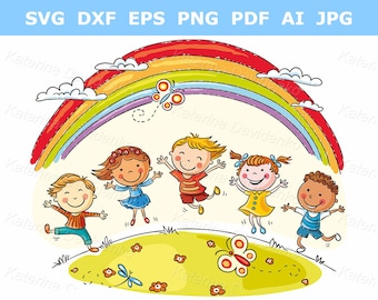 Happy children jumping with joy - cartoon kids with rainbow clipart - vector illustration in pdf png svg