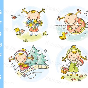 Season weather clipart. Cartoon kids activities during the four seasons. Doodle girl outdoors activity. Kids clipart vector illustration