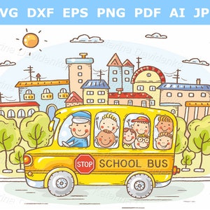 School bus with happy kids in the city. Children clipart, kids clipart, education clipart, school clipart, learning clipart