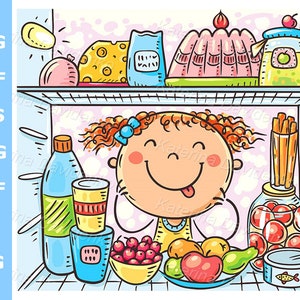 Cartoon girl looking inside fridge with food, digital download. View from inside the fridge. Eating pictures, cooking clipart