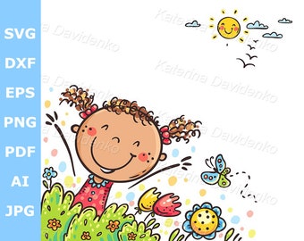Happy cartoon kids clipart child frame corner doodle character stick figure funny little girl playing outdoors