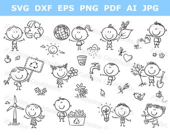 Ecologie clipart, recycling. Zwart-witvectorillustraties van kinderen en milieusymbolen
