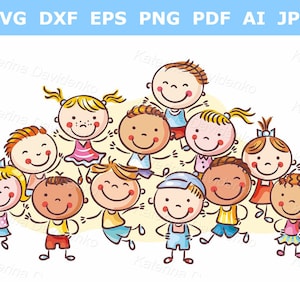 Happy cartoon kids clipart. Many children vector illustration. Group of boys and girls. Doodle kids clip art