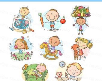 Set of children clipart. Doodle kids playing with toys. Cartoon kids PNG clipart, cute children SVG digital download