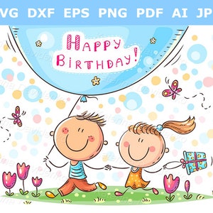 Alles Gute zum Geburtstag Clipart. Cartoon Kinder Clipart. Grußkarte. Gekritzelkinder, die zusammen mit großem Ballon gehen