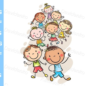 Clipart de niños felices de dibujos animados. Niños corriendo juntos. Niños garabatos, ilustración vectorial. Clipart de niños