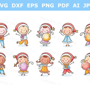 Clipart de niños de Navidad. Conjunto de dibujos animados de niños con gorros de Papá Noel y adornos navideños. Clipart de niños