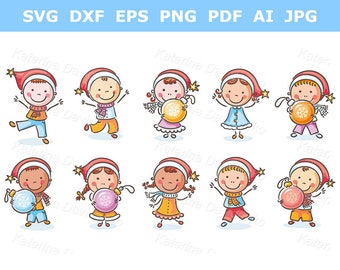 Christmas kids clipart. Set of cartoon kids in Santa hats and with Christmas ornaments. Children clipart