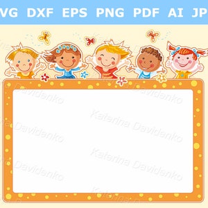 Happy cartoon kids with frame. Hand drawn vector illustration, digital download. Cute little kids with banner clipart