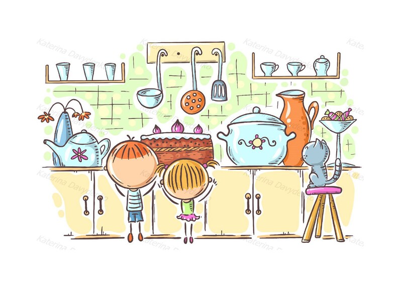 Kids Are Attracted By The Cake In The Kitchen Cartoon Drawing Children Clipart Kids Clip Art Commercial Use
