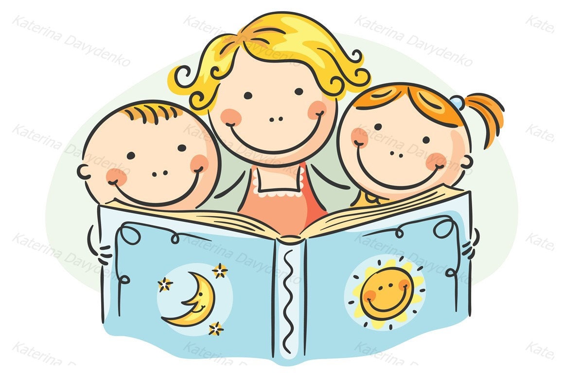 Mother And Kids Reading Together Family Clip Art Commercial Etsy