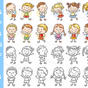 Emotions kids clipart set. Cartoon children clipart, doodle boys and girls with various emotions