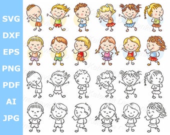 Emotions kids clipart set. Carton doodle children, boys and girls with various emotions.