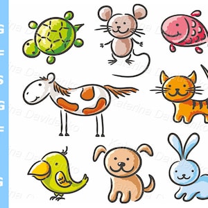 Set of sketchy cartoon pets clipart vector illustration. Animals image collection. Cat, dog, kitten, puppy, turtle, fish, rabbit images.