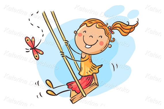 Happy Cartoon Girl on a Swing, Kid Clipart - Etsy Israel