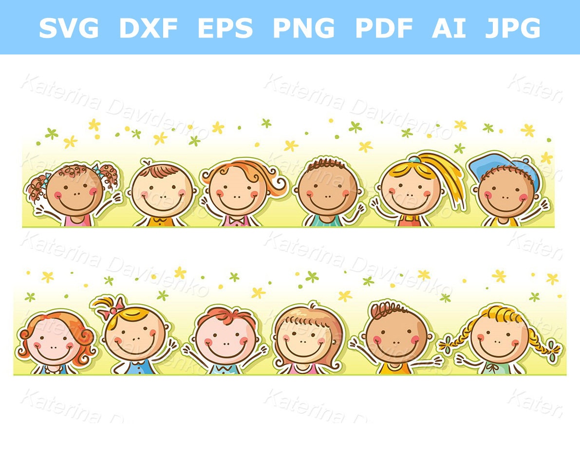 Cartoon happy children face clipart. Border frame with kids faces clip art. Smiling boys and girls