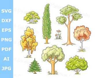 Set of cartoon trees clipart isolaed pictures digital download vector illustration fir pine oak autumn tree