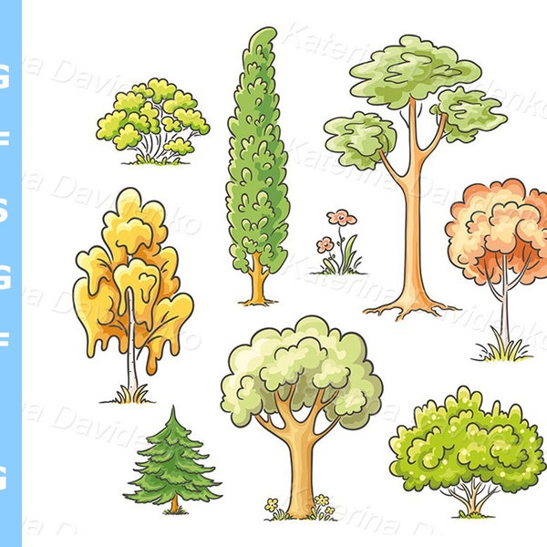 Set of cartoon trees clipart isolaed pictures digital download vector illustration fir pine oak autumn tree