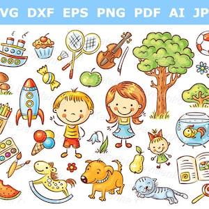 Cartoon Kinder Clipart-Set. Kinder und verschiedene Objekte Clipart. Doodle Objektsatz aus dem Leben eines Kindes