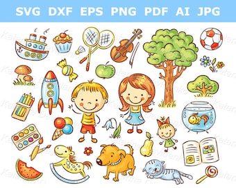 Cartoon kids clipart set. Children and different objects clipart. Doodle set of objects from a child's life