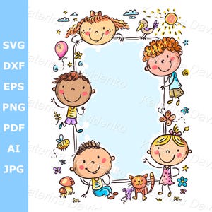Glückliche Kinder vertikal Rahmen Clipart, Doodle Kinder Clipart. Handgezeichnete kleine Kinder Vektor-Illustration