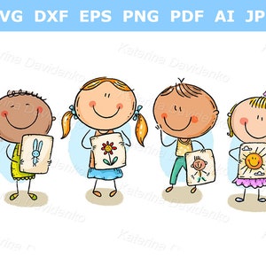 Kleuterschool kinderen clipart Cartoon kleine kinderen presenteren hun tekeningen Stokfiguur kinderen clipart