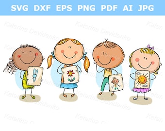 Kindergarten kids clipart Cartoon little kids presenting their drawings Stick figure children clipart