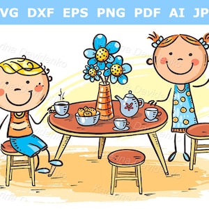 Doodle cartoon kids clipart. Boy and girl drinking tea, kids at the table illustration