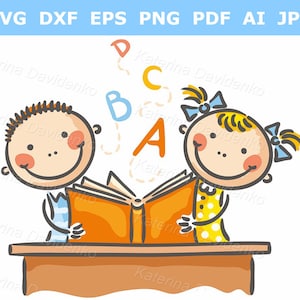 Niños felices de la escuela leyendo un libro. Clipart escolar. Niños de dibujos animados leyendo un libro juntos. Clipart SVG de niño y niña de la escuela.