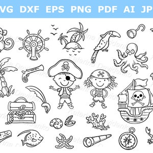 Ilustración infantil en formato PDF SVG para libros infantiles. Un conjunto de imágenes prediseñadas de piratas ideales para pegatinas y páginas para colorear. Blanco y negro.