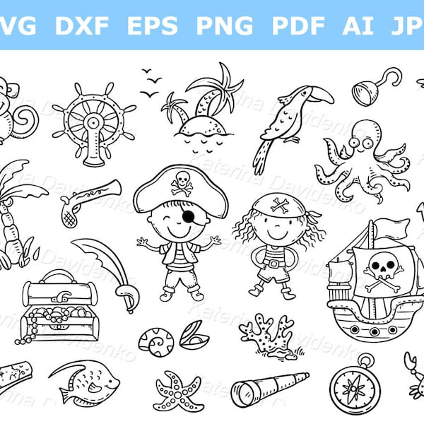 Child illustration pdf svg for kids book - A set of pirate cliparts suitable for stickers, coloring page - Black and white