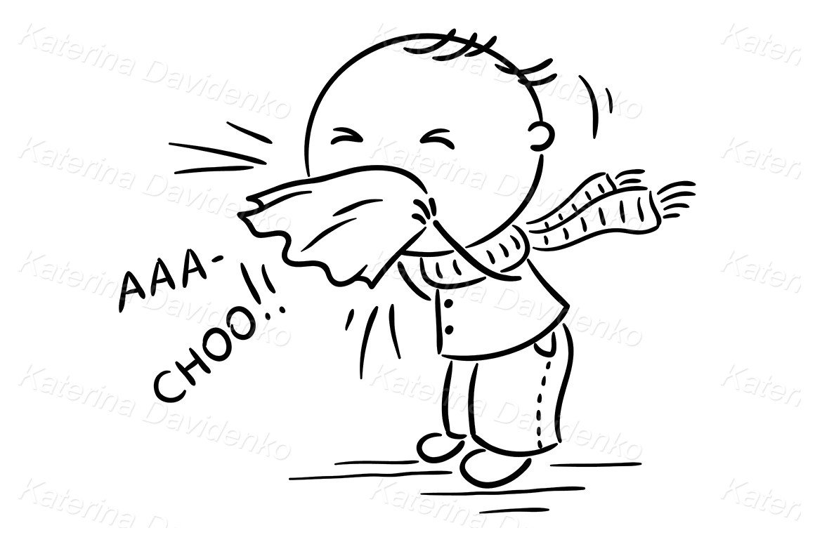 Hand Drawn Doodle Child Flu Image. Cartoon Kid Sneezing Illustration Clipart  - Etsy Sweden