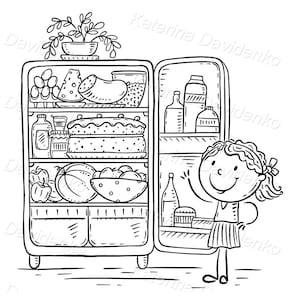 May include: A black and white line drawing of a girl standing in front of an open fridge. The fridge is full of food, including a cake, fruit, and vegetables. The girl is smiling and holding her hand up in the air.