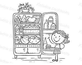 Cartoon Kid and Fridge With Food Healthy Eating or Cooking - Etsy Cartoon Kid and Fridge With Food Healthy Eating or Cooking - Etsy