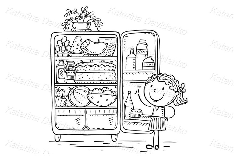 May include: A black and white line drawing of a girl standing in front of an open fridge. The fridge is full of food, including a cake, fruit, and vegetables. The girl is smiling and holding her hand up in the air.