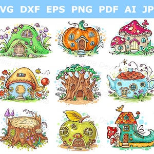 Fantasy clipart set of cute cartoon elven, fairy or gnome houses. Digital colorful vector illustration for children books