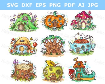 Fantasy clipart set of cute cartoon elven, fairy or gnome houses. Digital colorful vector illustration for children books