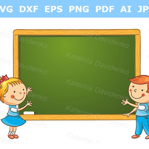 School children at the blackboard, schoolkids clipart, school banner, frame with a copy space, Kids with blackboard