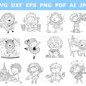 Cartoon Kinder kreative Aktivitäten Clipart, Umriss Illustration. Niedliche kleine Kinder, die Lied SVG-Clipart-Bild singen, Kinder tanzen PNG-Bild