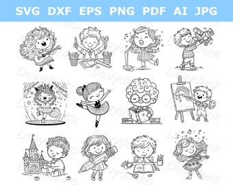 Cartoon kids creative activities clipart set, outline illustration. Cute little children singing song SVG clipart, kids dancing PNG image