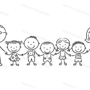 May include: A black and white line drawing of a family with two parents and five children. The family is holding hands and smiling. The parents are standing on either end of the line and the children are in between them.