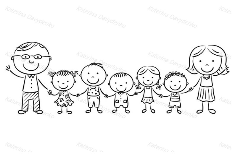 May include: A black and white line drawing of a family with two parents and five children. The family is holding hands and smiling. The parents are standing on either end of the line and the children are in between them.