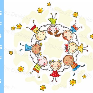Niños felices en círculo - Imágenes prediseñadas de niños, archivos PDF, SVG y PNG - Figura de palitos